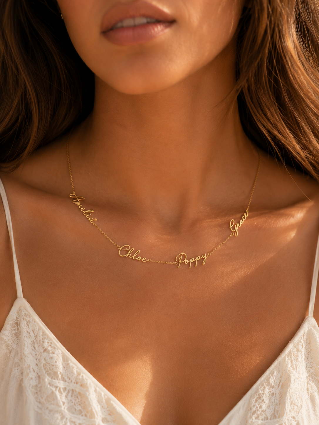 Family Custom Four Name Necklace – 18K Gold Plated Stainless Steel