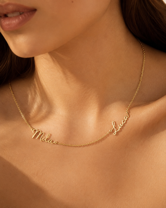 Family Custom Two Name Necklace – 18K Gold Plated Stainless Steel