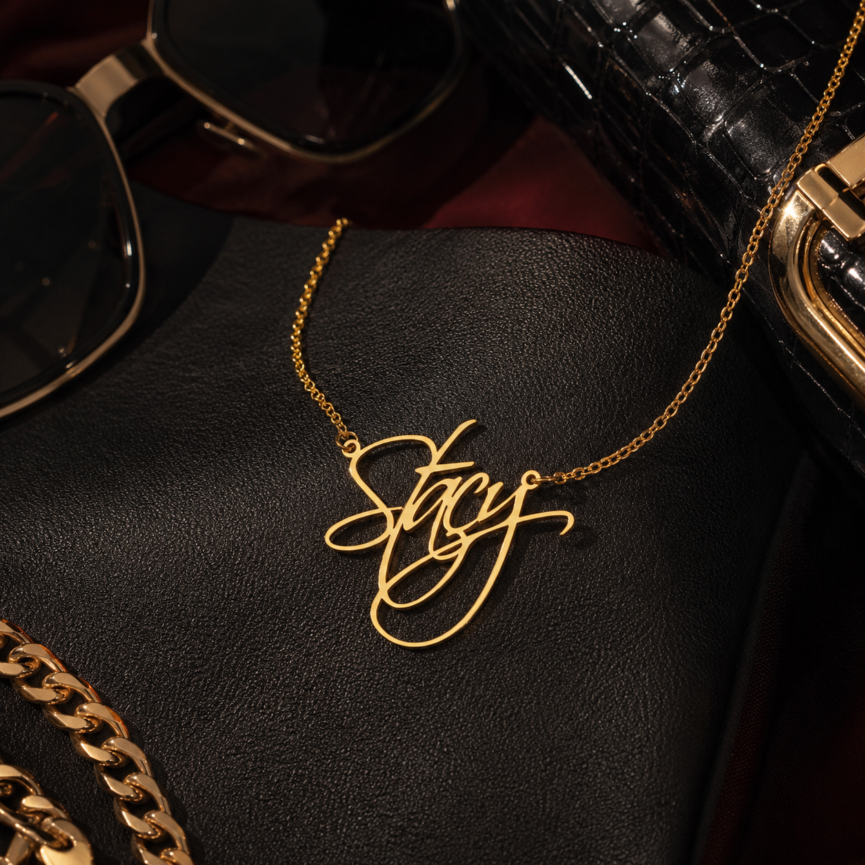 A gold script name necklace spelling 'Stacy' is draped over a black leather surface, with partial sunglasses and a black crocodile-embossed accessory visible around it.