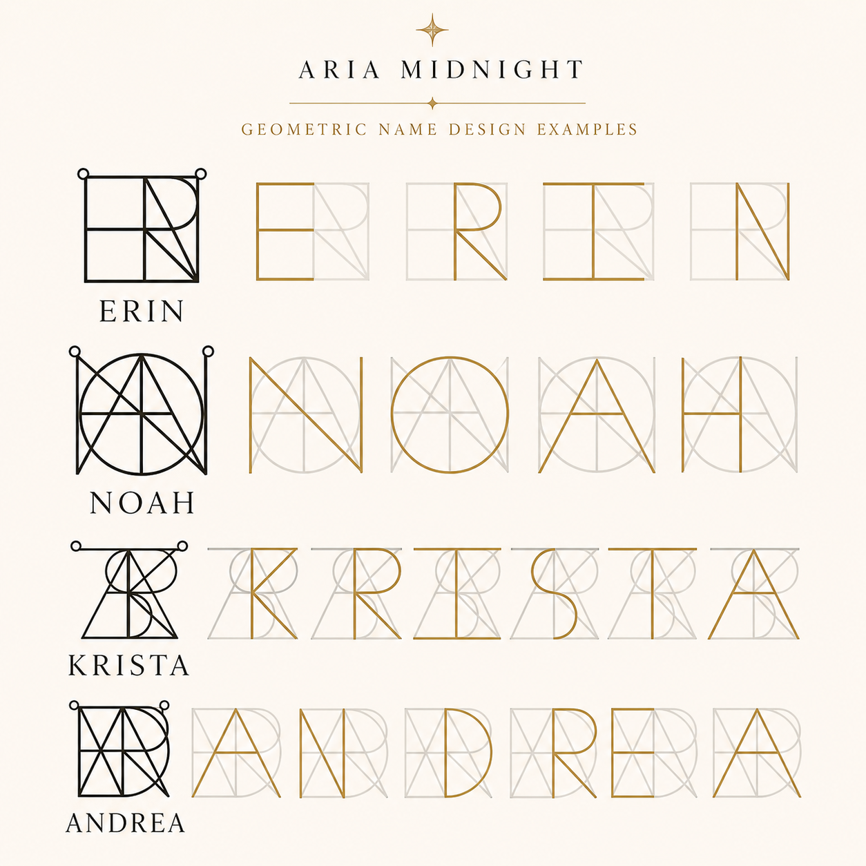 Geometric name necklace design examples showing individual letter construction