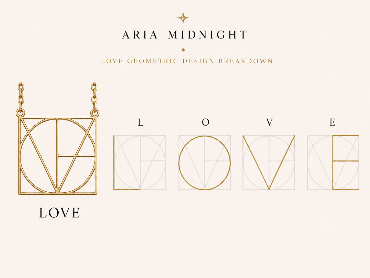 LOVE geometric pendant breakdown showing overlapping letter design