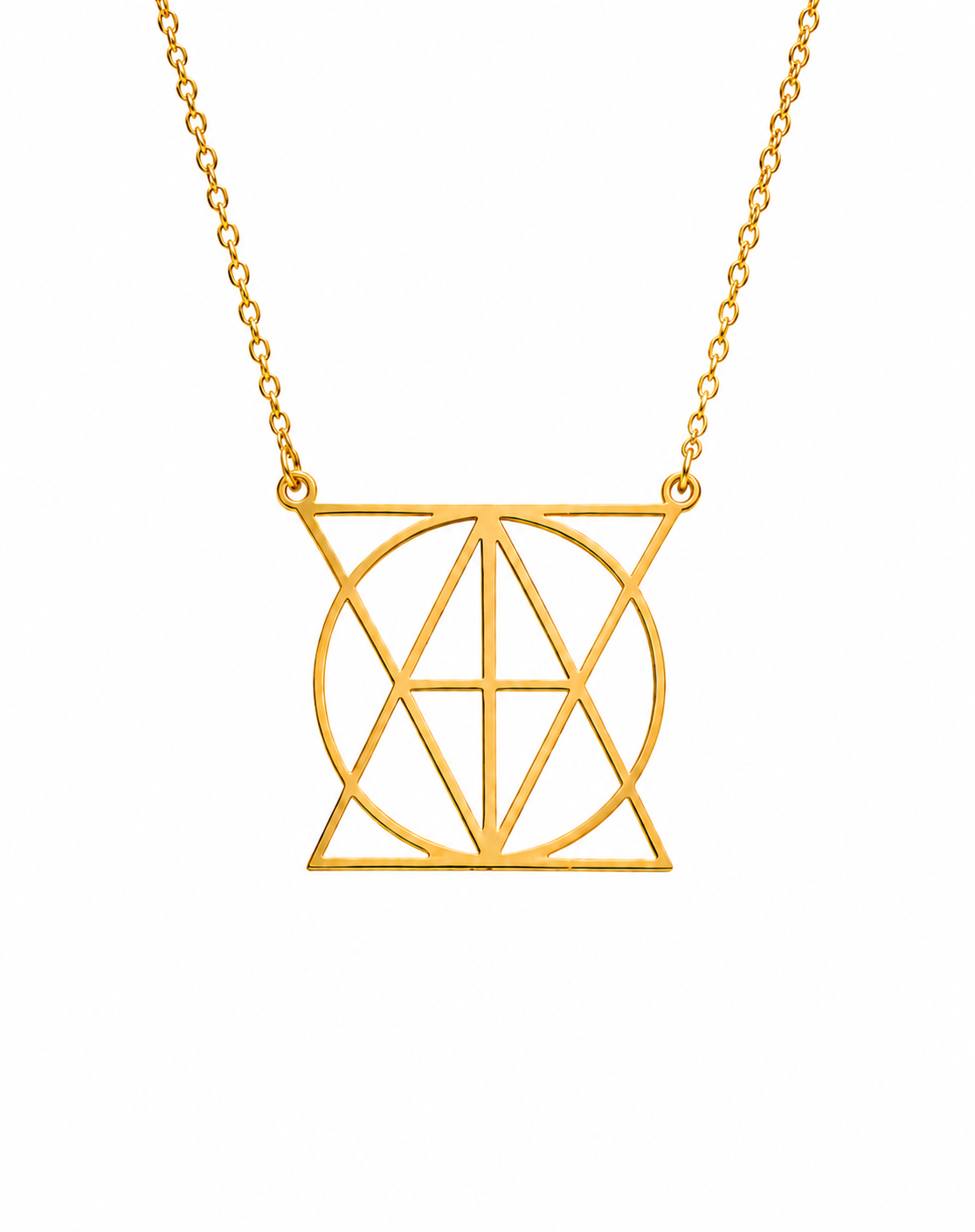 Personalised geometric name necklace in 18K gold plated stainless steel on white background 