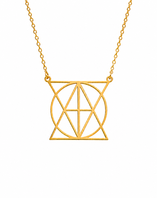 Personalised geometric name necklace in 18K gold plated stainless steel on white background 