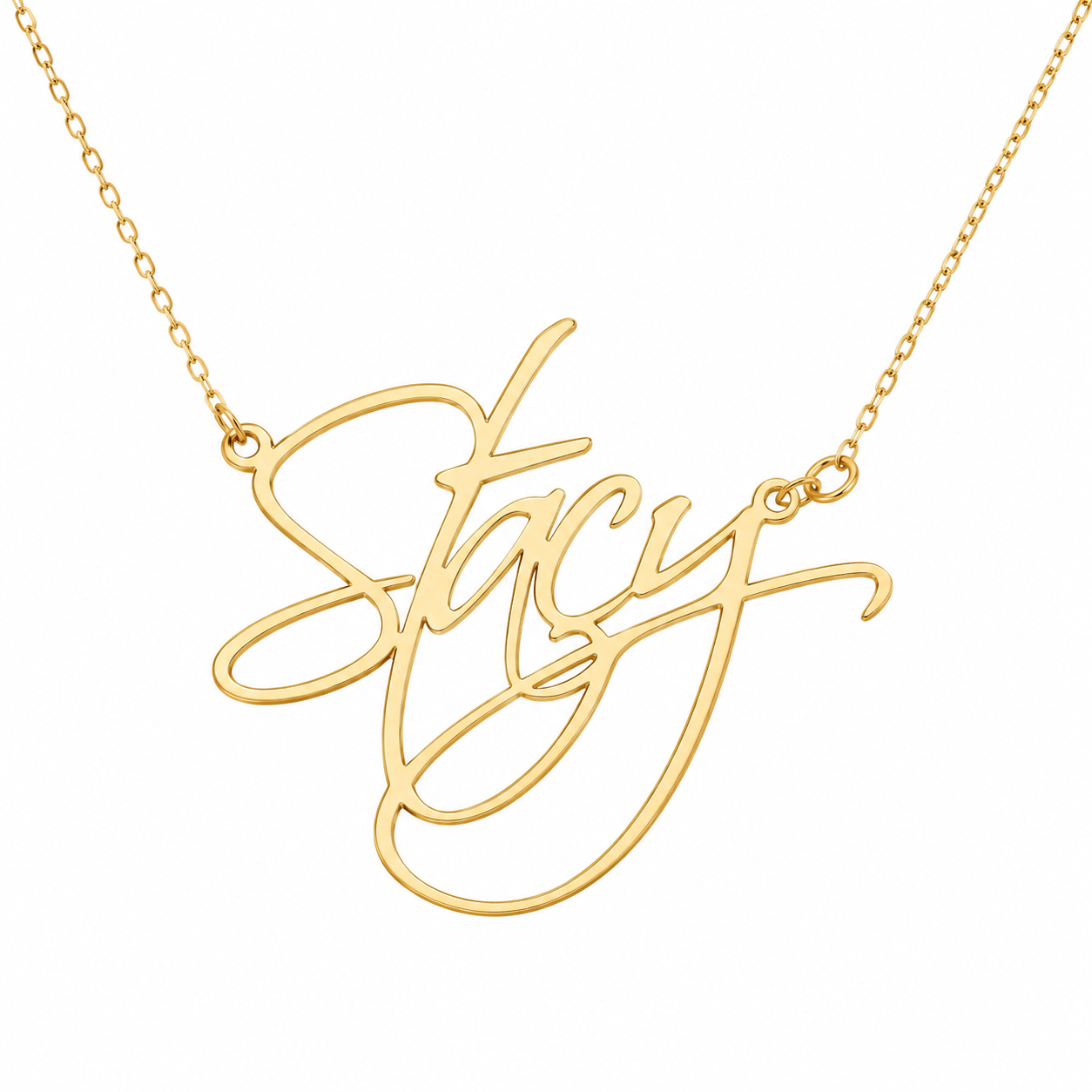 A gold script name necklace spelling 'Stacy' on a delicate gold chain, shown against a plain white background.