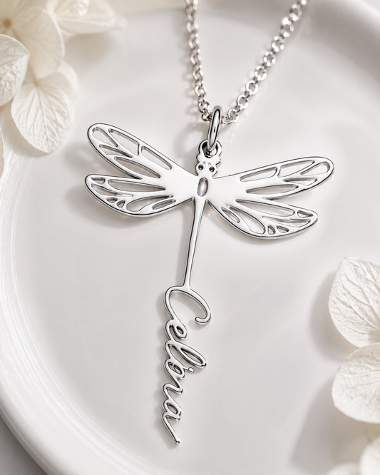 Dragonfly Cierra Script – Custom Silver Stainless Steel Name Necklace