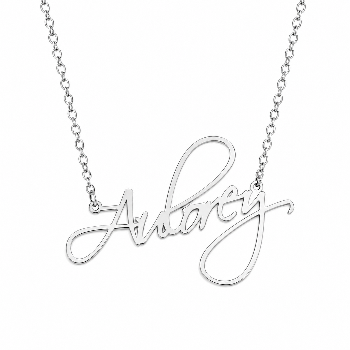 Personalised Flame Script name necklace in stainless steel on white background
