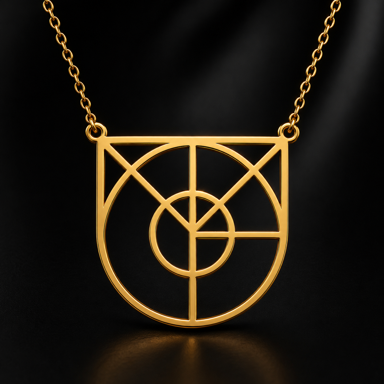 Close-up of a custom 18K gold-plated geometric word pendant