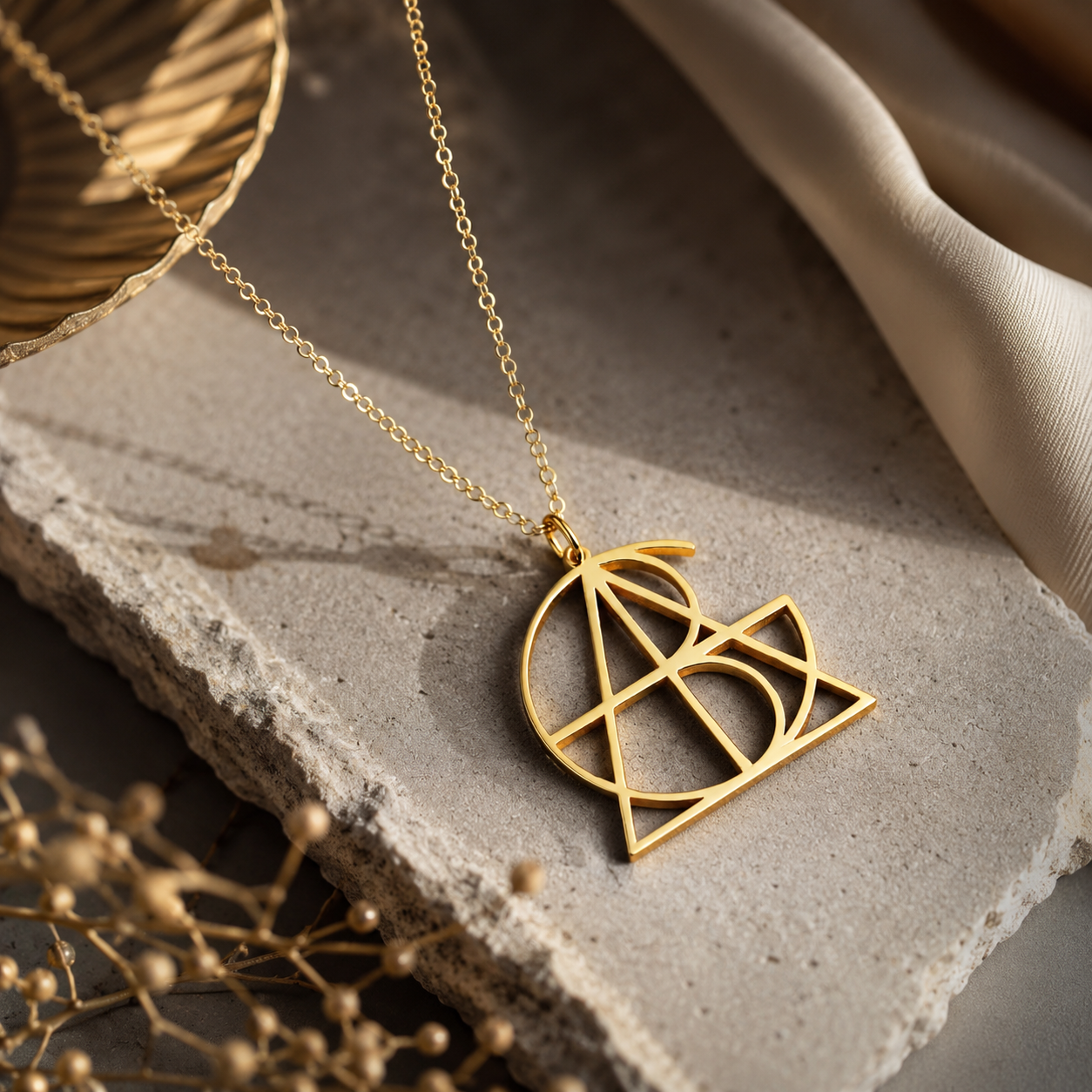 Custom gold geometric name necklace displayed on a stone surface