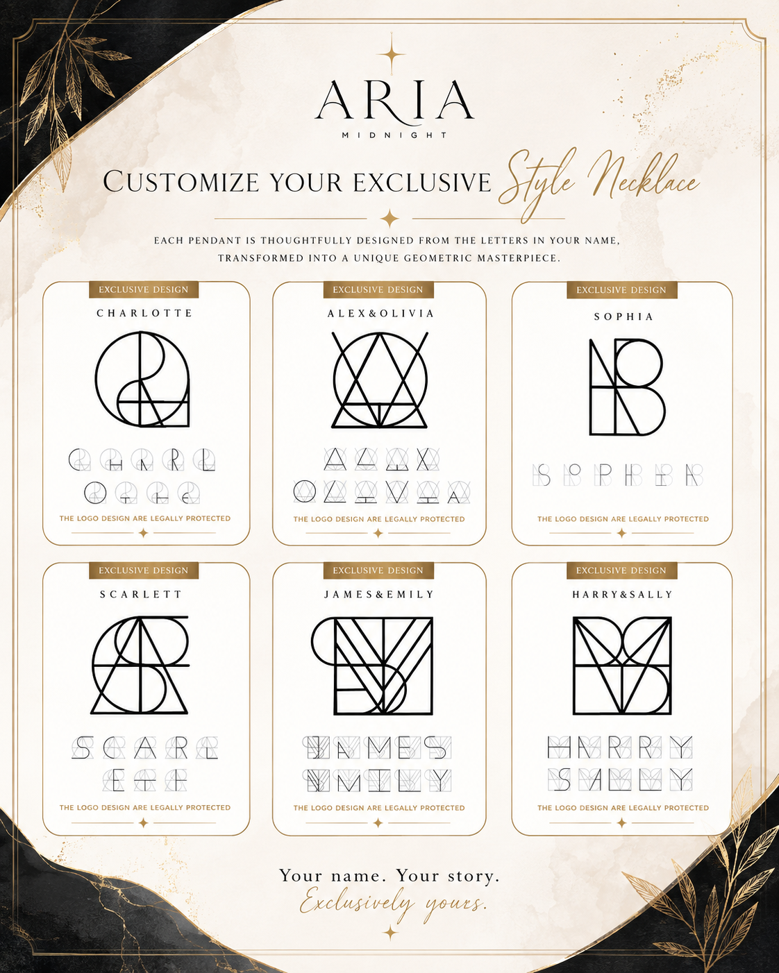 Examples of personalised geometric name pendant designs