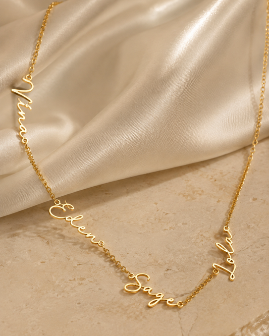 Family Custom Four Name Necklace – 18K Gold Plated Stainless Steel