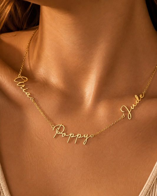 Family Custom Three Name Necklace – 18K Gold Plated Stainless Steel